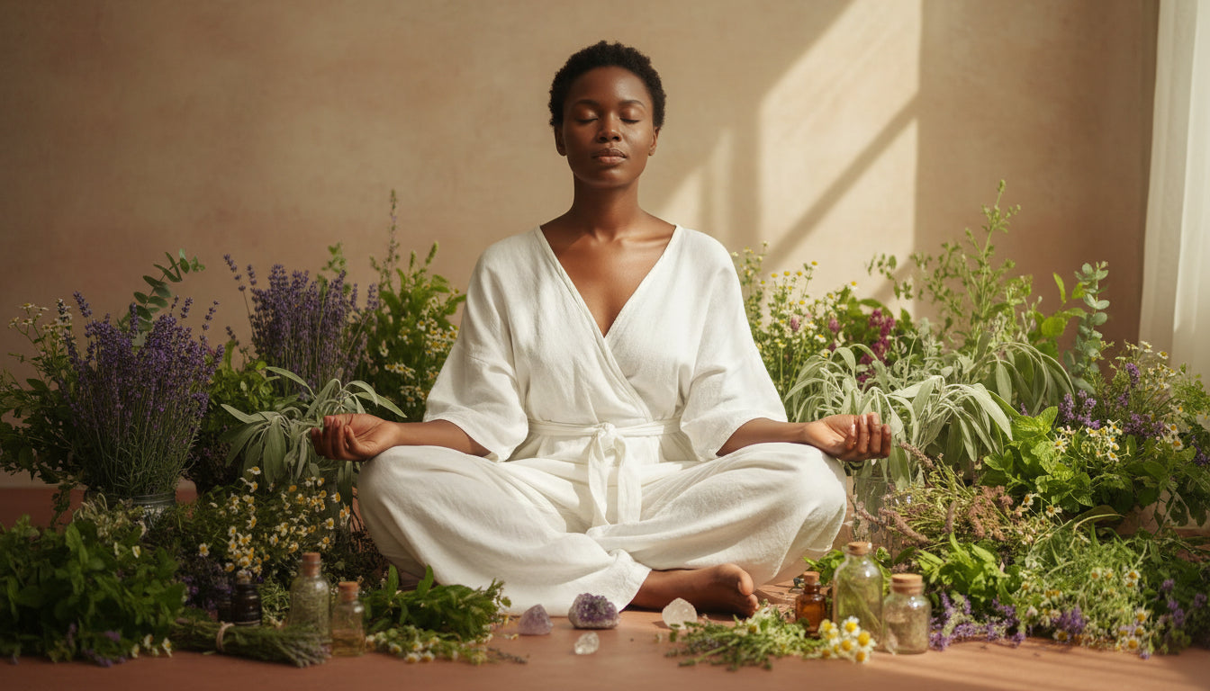 Woman in a white robe sitting among plants and flowers in a serene setting